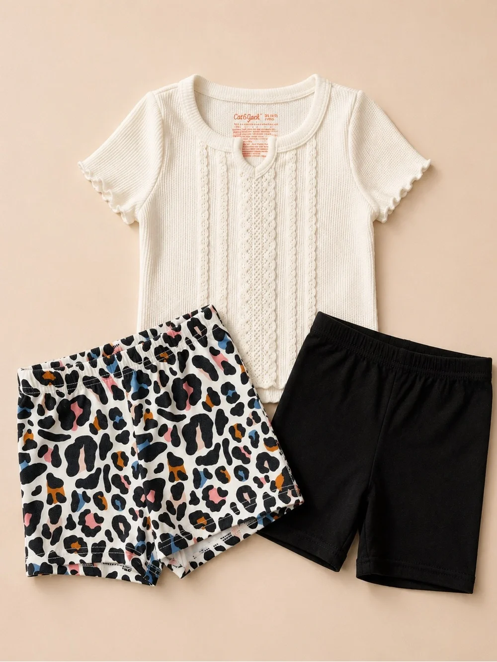 Cat & Jack Cream Knit Top with Multicolor Leopard and Black Shorts Size 4-5